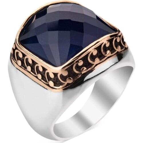 925 Sterling Silver Plain Mens Ring with Facet Cut Blue Zircon Stone Silver Ring for Men Zirconia Male Ring