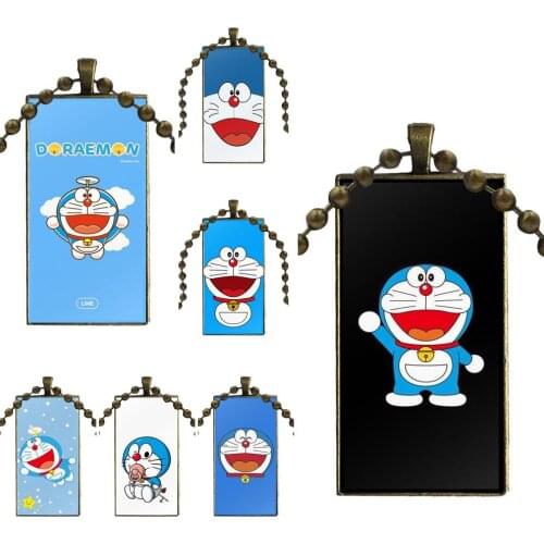Glass Cabochon Choker Pendant Rectangle Necklace Bronze Color Jewelry For Women Girls Japanese Anime Cartoon Doraemon Blue Cat