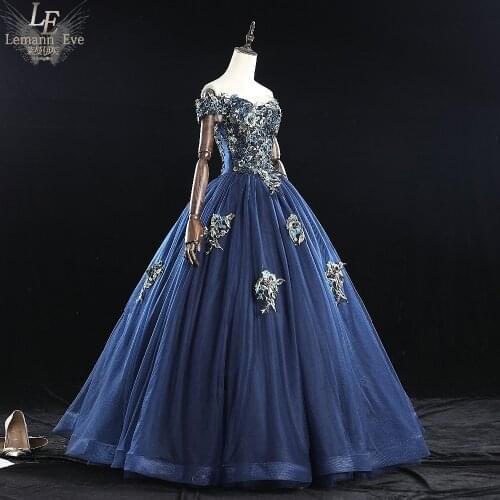 Navy blue embroidery flower beading rococo princess cosplay medieval dress Renaissance gown queen Victoria Belle Ball