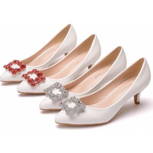 5cm Pointed Toe Shoes Small Heel Mid-heel Single Shoes Square Buckle Rhinestone Pointed Toe Shoes Large Size Womens Shoes