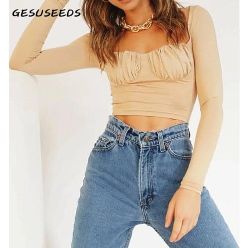 Vintage t shirt women spring square neck top sexy long sleeve shirt slim solid woman tshirts korean lady ruched top black khaki