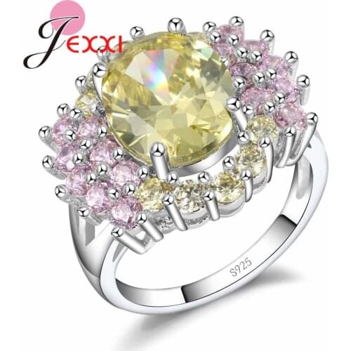 Factory Price 925 Sterling Silver Crystal Jewelry Paved Yellow/Pink Round Clear Crystal Flower Ring for Women Lovers