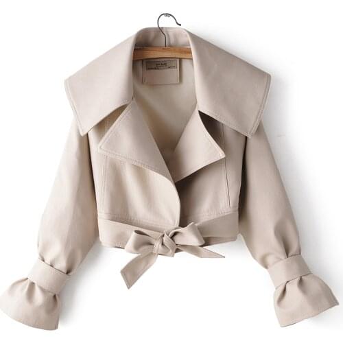 Women long sleeve short coats faux leather jackets turn down collar belt bowtie full lining 3colors SML drop shipping