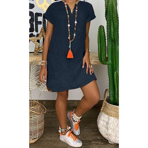 Ladies Summer Fashion New Knee-length Skirt Solid Color Sexy V-neck Pullover Casual Loose Short-sleeved Shirt Dress Hot Sale