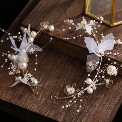 Girls Bridal Pearl Headband Hair Jewelry Wedding Prom Tiara Gold Hair Accessories Women Headbands With Yarn butterfly Headdress