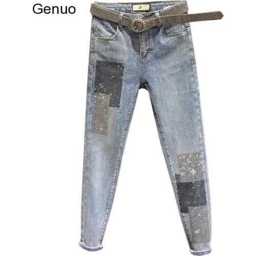 High-Waist Jeans Women Stretch Slim-Fit Denim Jeans Womens 2020 Spring New Sequined Rhinestone Hot Drill Pencil Pants Jeans
