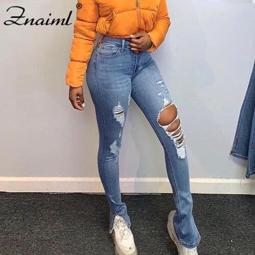 Znaiml Ripped Jeans For Women High Waist Vintage Bottom Split Hem Pant With Holes Patchwork Bell Bottom Jean Chic Denim Trousers