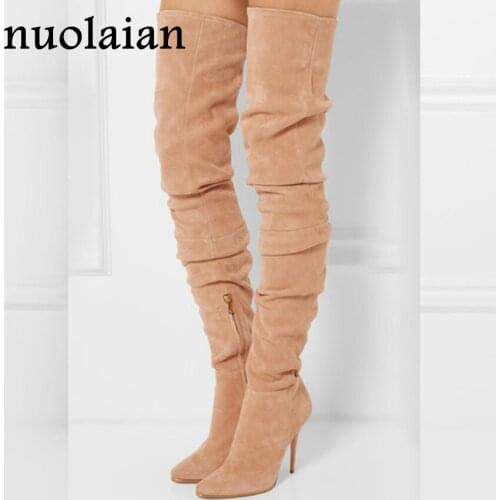 10.5CM Womens Faux Suede Leather Boots Woman High Heels Boot Over The Knee Boots Lady Winter Shoes Faux Fur Snow Shoe Bottine