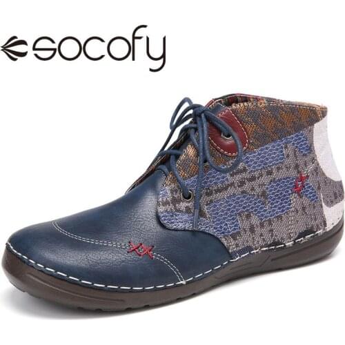 SOCOFY Women Ethnic Style Boots Cloth Splicing Hand Stitching Lace Up Flat Boots Shoes Casual Outdoor Shoes Botas Mujer 2020