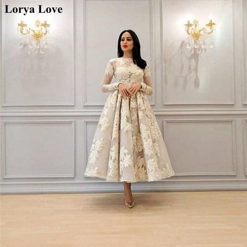 Champagne Long Sleeves Tulle A-Line Prom Dresses 2020 Women Formal Party Night Elegant Vestidos Appliques Robe Evening Gowns