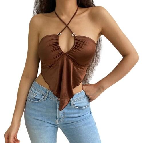 Women Sexy Lace Up Halter Camis Tops 2021 Fashion Sleeveless Low Cut Slim Fit Tank Top Holiday Summer Casual Crop Top Streetwear