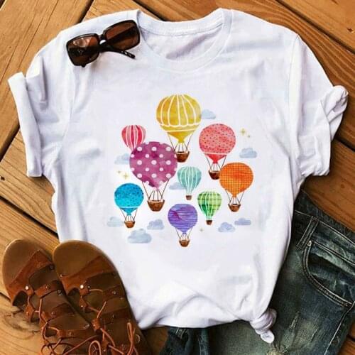 Cute Flower Hot Air Balloon Print Womens Casual Top Womens Top Short Sleeve T-shirt White Womens Tee