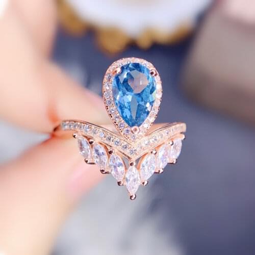 Per jewelry Natural real blue topaz crown ring Free shipping 925 sterling silver 1.1ct gemstone Fine jewelry Q912817