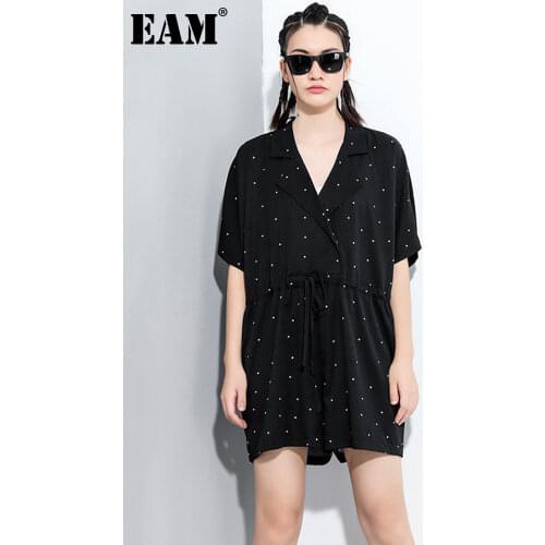 [EAM] Women Black Dot Printed Drawstring Big Size Dress New V-Neck Half Sleeve Loose Fit Fashion Tide Spring Summer 2021 1X828