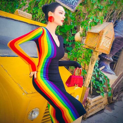 Women Dress Rainbow Spring Autumn New Fashion Chiffon Casual Sheath Knee-Length V-Neck Full Girls Dress Bottomed Dress