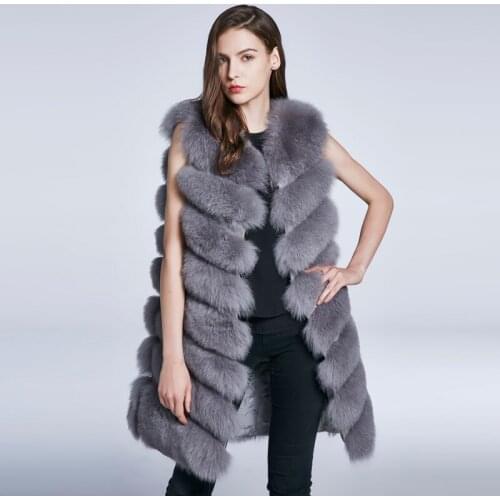 JKP New Long Winter Real Fox Fur Vest Coat 90cm Women Fox Genuine Fur Vest Warm Outerwear Natural HMX-90C
