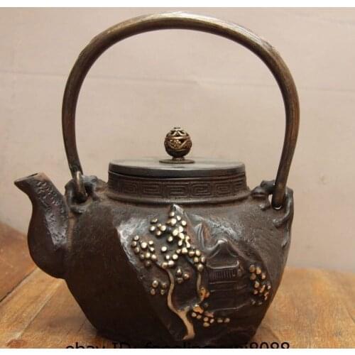 8 Archaic Japanese Iron Silver Gilt Plum Flower House Flagon Kettle Wine Tea Pot