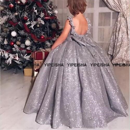 Yipeisha Ball Gown Pageant Dresses for Girls Silver flower Girl Dresses for Weddings Glitter Jewel Sequin Kids Baby Party Gown