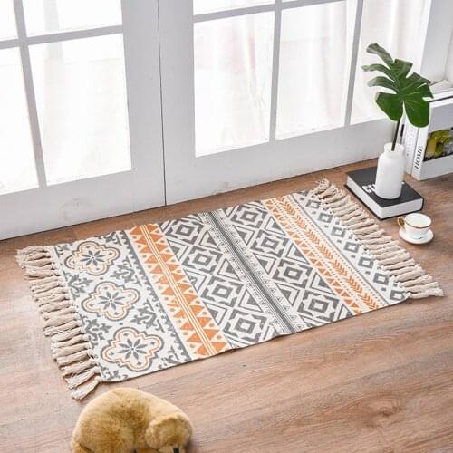 Bohemian Bedroom Carpet Hand Woven Area Rug Cotton Linen Geometric Doormat Floor Mat for Living Room Alfombra Boho Decor 60x90cm