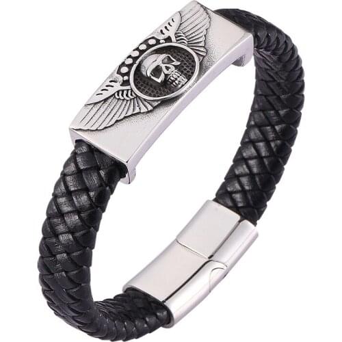 Black Braided Leather Bracelet Men Fashion Stainless Steel Skull Accessories Vintage Weave Bracelets & Bangles Male Gifts PD0483