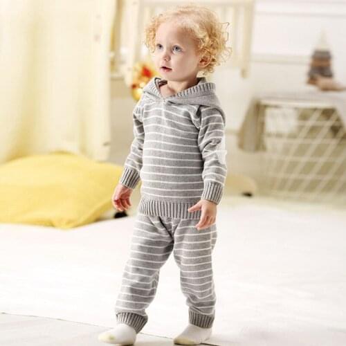 LZH Baby Hooded Knitting Set 2021 Autumn Winter New Children Striped Long-sleeved Sweatshirt Trousers Two-piece Kids Sports Suit