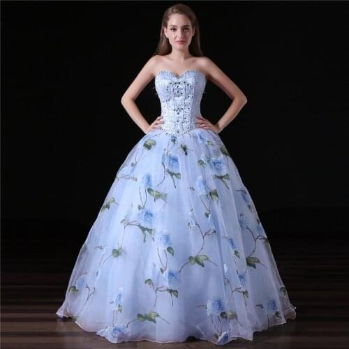 JaneVini Elegant Blue Floral Prom Long Bridesmaids Dresses for Women Flowers Print Beaded Bodice Ball Gowns Red Carpet Dresses