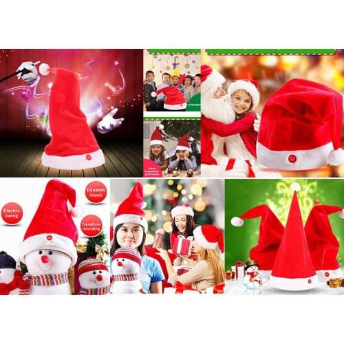 Electric Christmas Hat Singing Dancing Swing Headgear Red Santa Cap with Adjustment Bind Festival Decoration