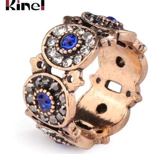 Kinel Turkey Rings For Women Ancient Gold Hollow Vintage Wedding Jewelry Blue Crystal Colorful Resin Stone Ring Anillos Mujer