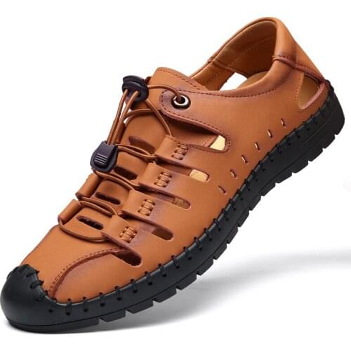 Mens Sandals 2021 New Summer Wear Soft Sole Leather Toe Cap Hole Shoes Cowhide Casual Hollow Sandals for Men
