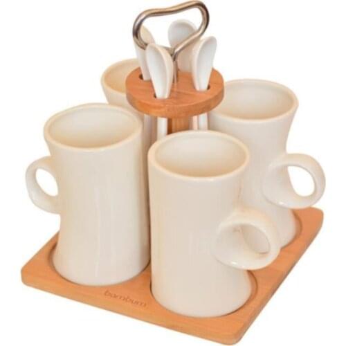 9 piece Stand And Mug Tea Set Coffee Espresso Tea Presentation Gift Suit Bamboo Stand And Mugs Decorative And spoons