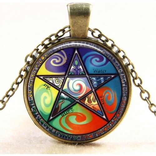 Newest 2017 Pentacle Glass Photo pendant necklace Dome jewelry vintage bronze Occult Wiccan necklaces for men women hot sale