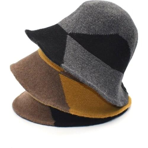 Autumn Winter Wool Knitting Bucket Hat Women Warm Korean Girl Panama Fisherman Hats Fashion Patchwork Basin Cap M139