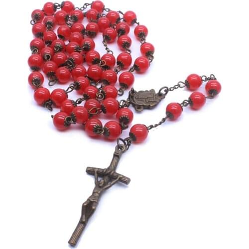 QIGO Religious Antique Jewelry Red Glass Rosary Cross Necklace With Cup For Women