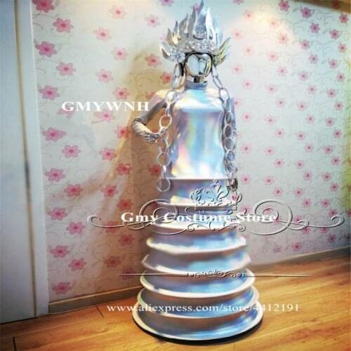 P30 Catwalk stage show bodysuit female silver mirror long dress dj perform wears dance costumes ballroom outfits gogo clothing