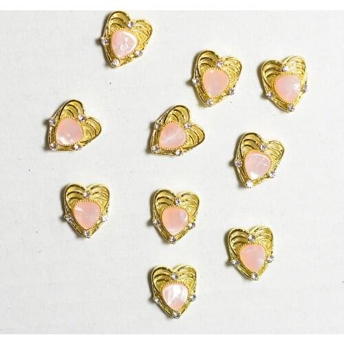 10PCS Gold Hollow Heart Rhinestones Gem Beauty Glitter Nails Charms Jewelry Accessories Metal for 3D Nail Art Decoration Top