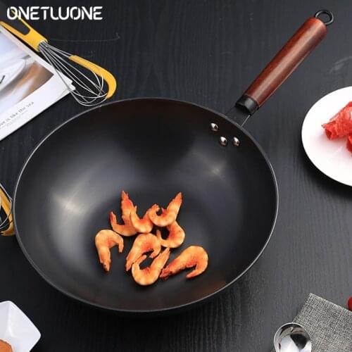 Fine Iron Frying pan Uncoated Non-stick Wok Pan Kitchen Cookware With Beech Anti-scald Handle For Induction Cooker Gas Stove