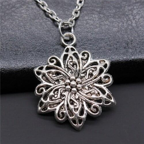 Vintage Antique Silver Color 31x23mm Flower Charms Pendant Necklace For Women Lady Girl Gift Jewelry