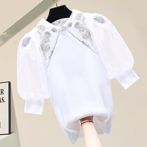 Short Mesh Sleeve Knitted T-Shirt Womens Clothing Knitwear Lace Collar Slim Fit Elegant Chic Top White Black 2021 Spring Summer