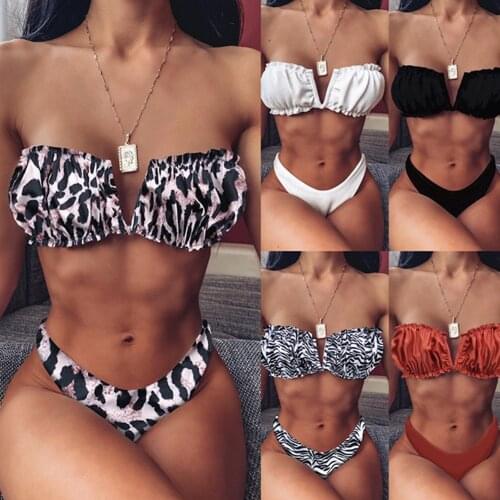 2021Sexy Bikini Leopard Swimsuit Off Shoulder Women 2 Piece High Cut Bikini Set Tube Beach Bathing Suit Swimming