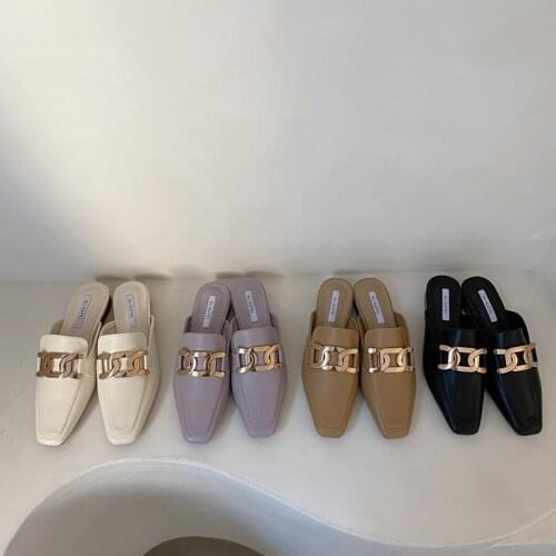 2021 New Fashion Womens Summer Shoes Slip On Mules Casual Shoes Buckle Square Toe Flats Brand Sandals Ladies Slippers Low Heel