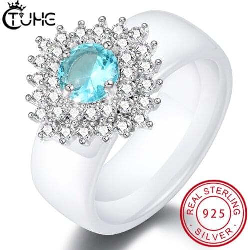 Fashion Crystal Engagement Claws Design Hot Sale Rings For Women AAA Blue White Zircon Cubic Elegant Ceramic Rings Female Gift