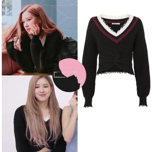 Kpop korean Celebrity black Autumn warm Knitted Fashion V Neck Sweater Women streetwear Tops female Pullover Casual Sweaters