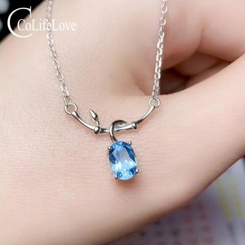 CoLife Jewelry 100% Natural Topaz Necklace 5mm*7mm VVS Light Blue Topaz Necklace Pendant 925 Silver Topaz Jewelry