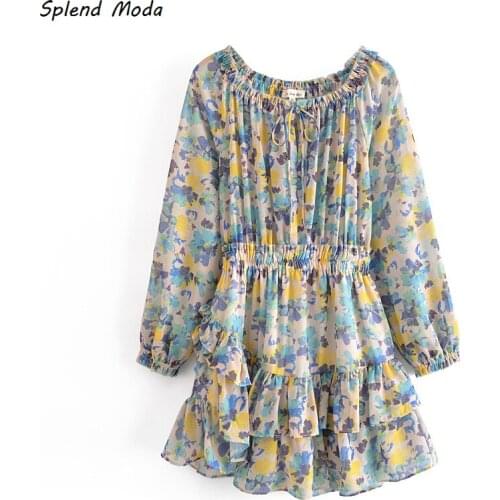 Splend Moda 2021 Summer French Vintage O-Neck Lace-Up Elastic Waist Long-Sleeve Floral Printed Ruffle Dress For Women Vestido