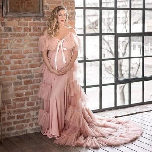 Maternity Dressing Gown Long Perspective Sheer Tulle Pregnant Photoshoot Dress Wedding Scarf Lingerie Puffy Bridal Robe