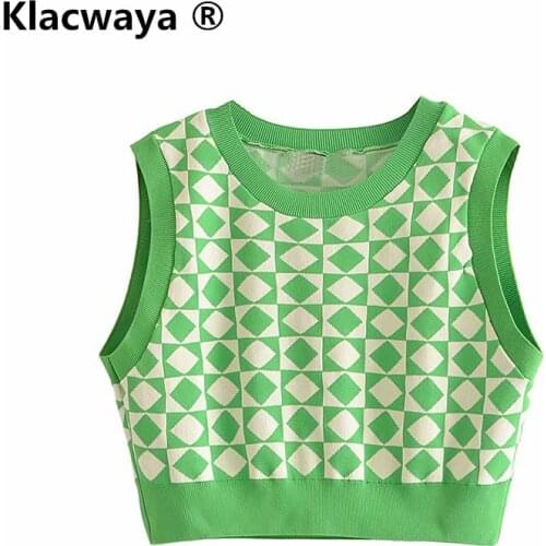 Klacwaya 2021 Women Fashion Diamond pattern Cropped Knitted Vest Sweater Vintage Round Neck Sleeveless Female Waistcoat Chic Top
