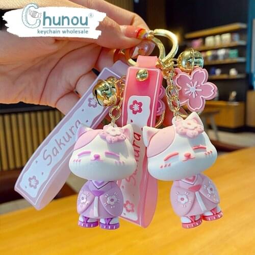 Creative Kawaii Sakura Cat Keychain Kitten Keyring Trinket Bag Ornament Key Chain Organizer Women Fashion Christmas Small Gift