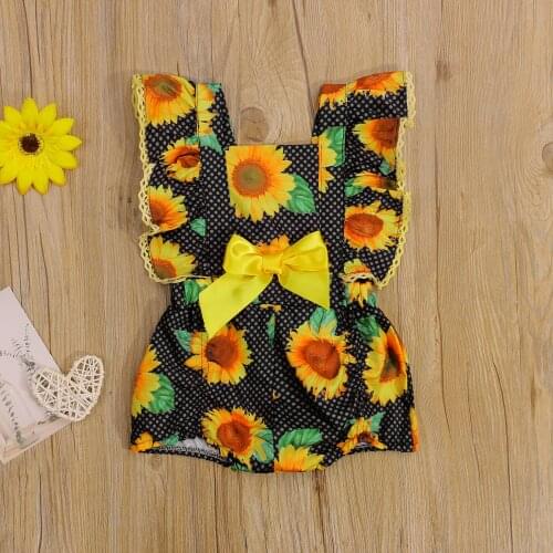 Fashion Baby Girls Summer Clothes Sweet Fly Sleeve Rompers Sunflower Printed Cross Strap Ruffle Backless Jumpsuits