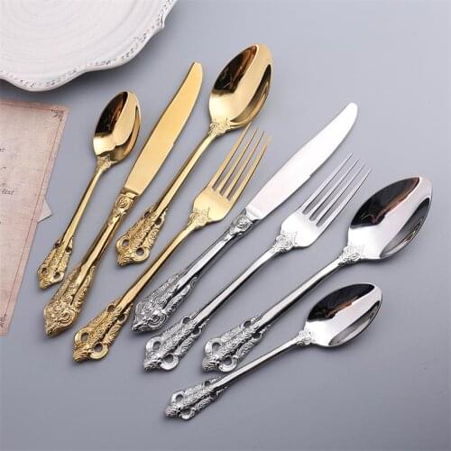 24pcs Gold Cutlery Golden Dinner Knife and Fork Teaspoon Luxury Silverware Tableware Vintage Western Dinner set Christmas Gift