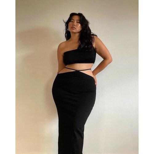 2021 Summer New Plus Size Woman Clothes Sexy Solid Black Strapless Casual Office Ladies Cool Womens Wear Two-piece Set